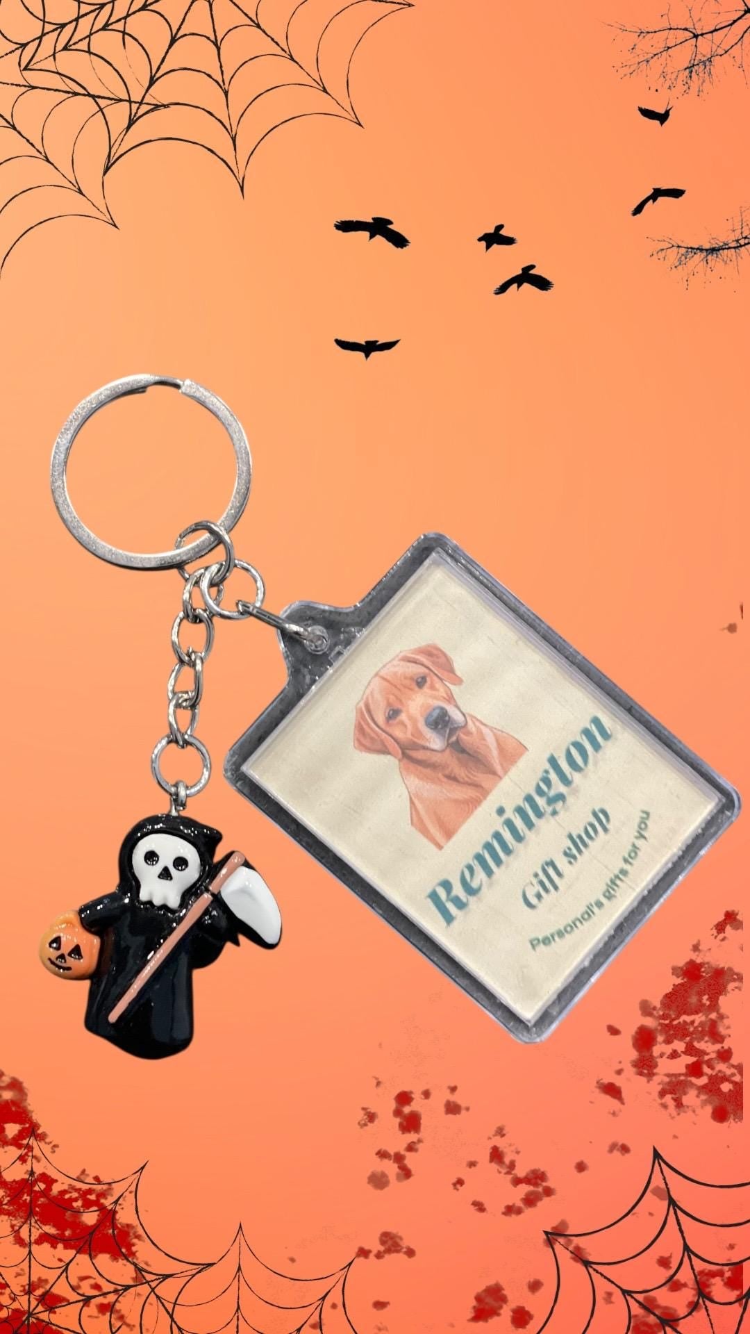 Death keychain , photo keychain , Halloween themed keychain , pumpkin